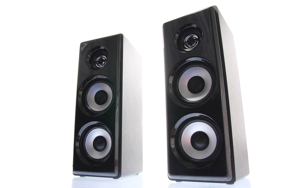 two black and gray PA speakers HD wallpaper
